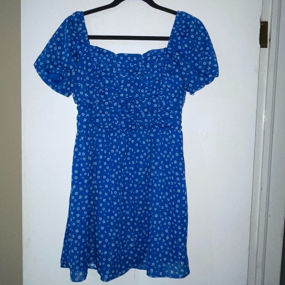 Crystal‎ Doll Blue White Floral Minidress Off the Shoulder Short Sleeves Size L